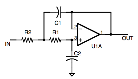 Schematic, 2 pole lowpass active filter